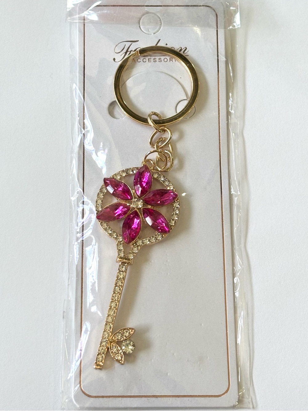 Bright Pink Flower Key Crystal Gold Toned Keychain